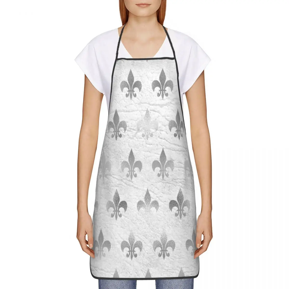 Royal Silver White Leather Fleur De Lis Bib Apron Adult Women Men Chef Tablier Cuisine for Kitchen Cooking Lily Flower Painting