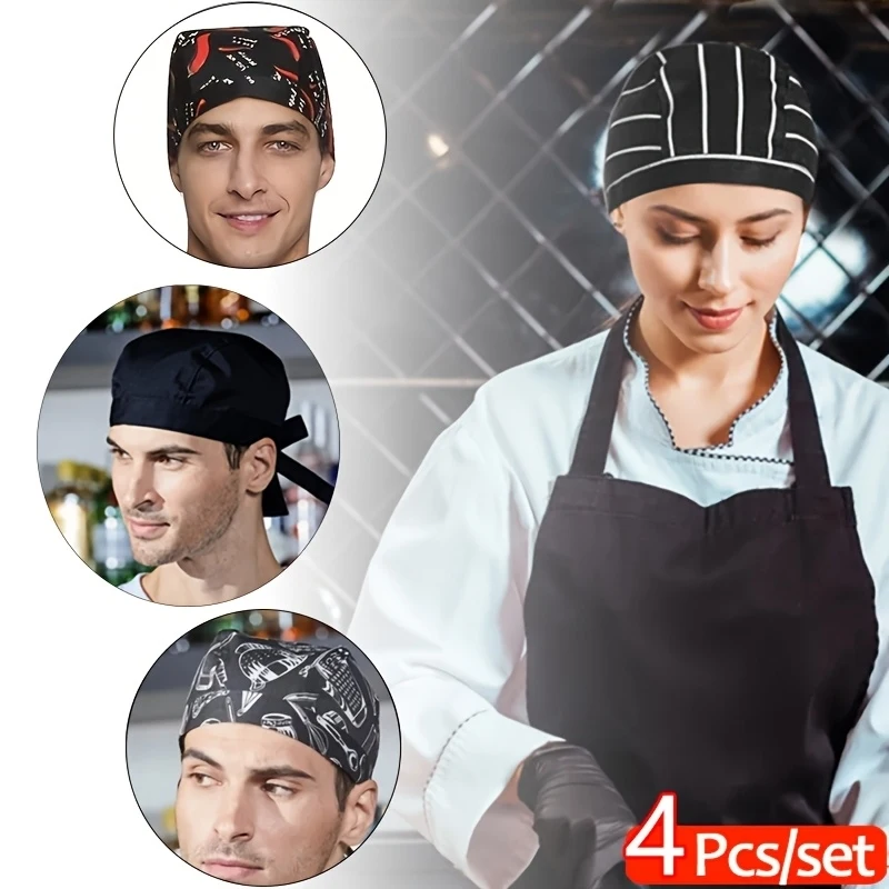 Set of 4 Adjustable Chef Hats Breathable Cooking Caps for Men Women Workcap Kitchen Headwear for Catering Professionals