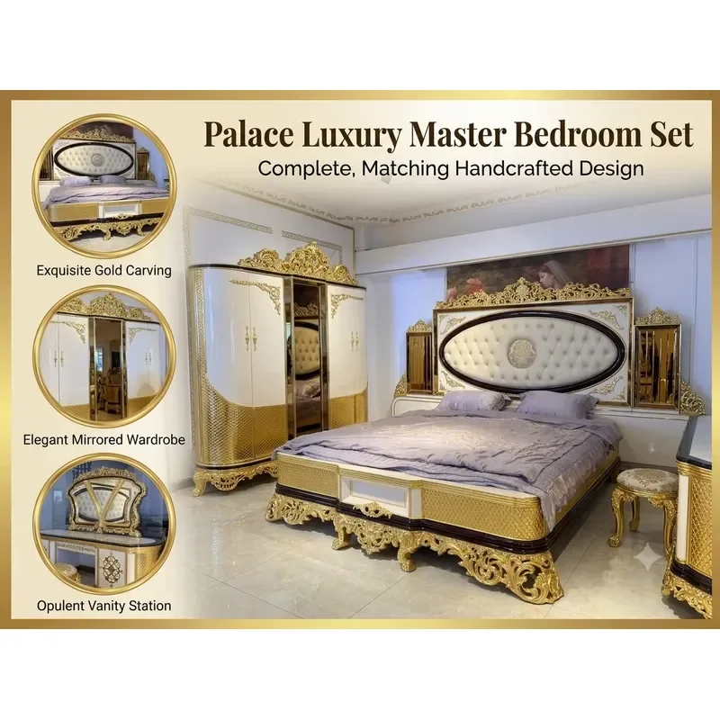 Solid Wood Bed Set Hand Carved Gold Foil European Baroque Style Antique Bedroom Furniture Custom Luxury Hotel Apartment Decor