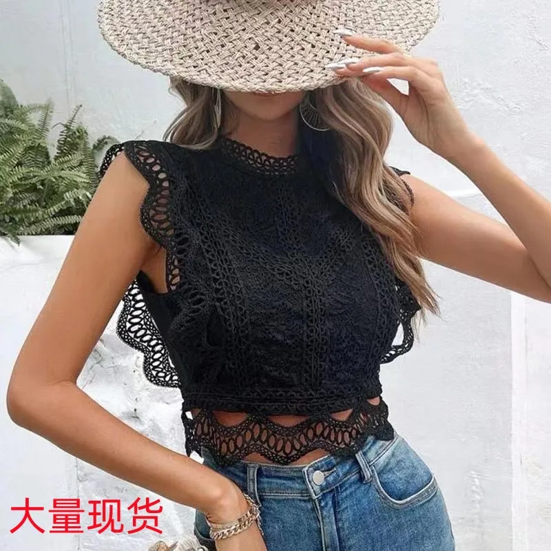 

Geometric Lace Sleeveless Top Summer 2026 Womens Hollow Out Blouse Sexy Sheer Chiffon Shirt for Party Evening Casual Wear