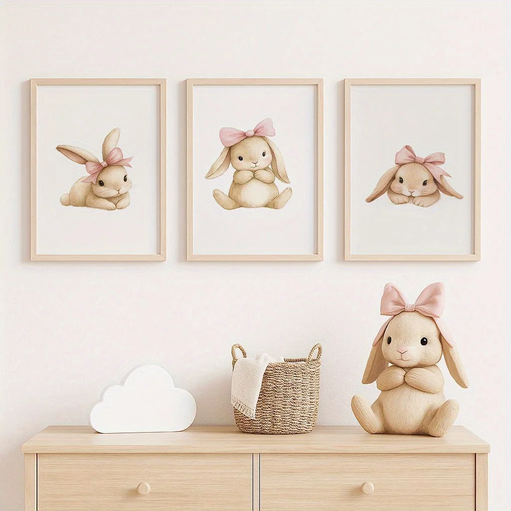 2D Flat, Three Adorable Canvas Wall Art Prints Featuring Cute Rabbits with Pink Bows, Perfect for Decorating Rooms And Living