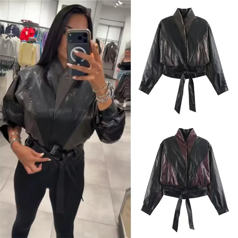 Guobioziy 2026 Women's Jacket Fall/Winter New Arrival Color-Block Long Sleeve Belted Faux Leather Motorcycle Loose Parka Stylish
