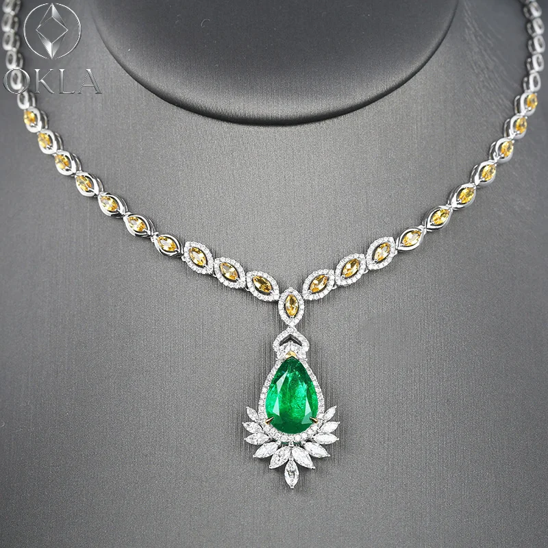 

Luxury Emerald Pendant Necklace For Women, Pear Cut Green Gemstone With Yellow & White Zircon, Bridal Wedding Jewelry Gift