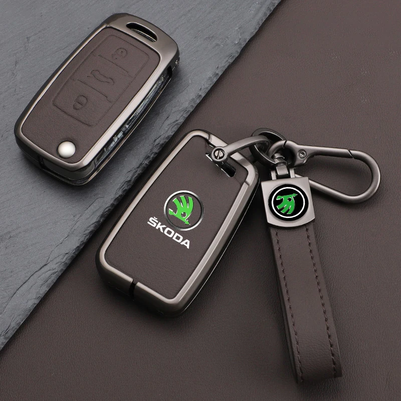 Zinc Alloy Leather Car Remote Key Case Cover Protector Shell Fob For Skoda Superb A7 Kodiaq Octavia A7 A8 Keychain Accessories