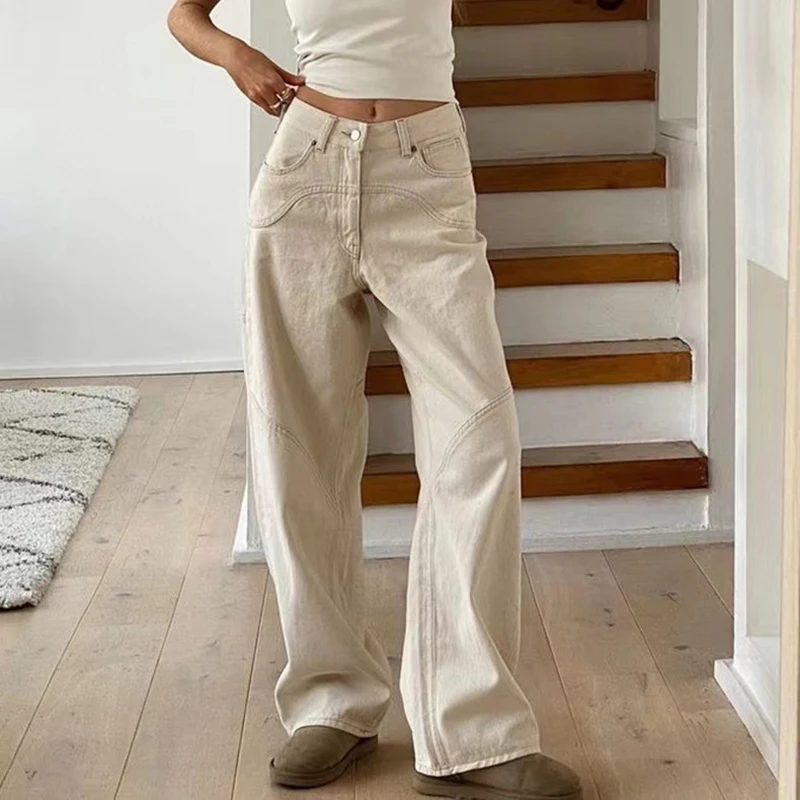 Vintage Beige High Waist Straight Jeans Women Summer Bf Loose Casual Denim Trousers Fashion All Match Streetwear Wide Leg Pants