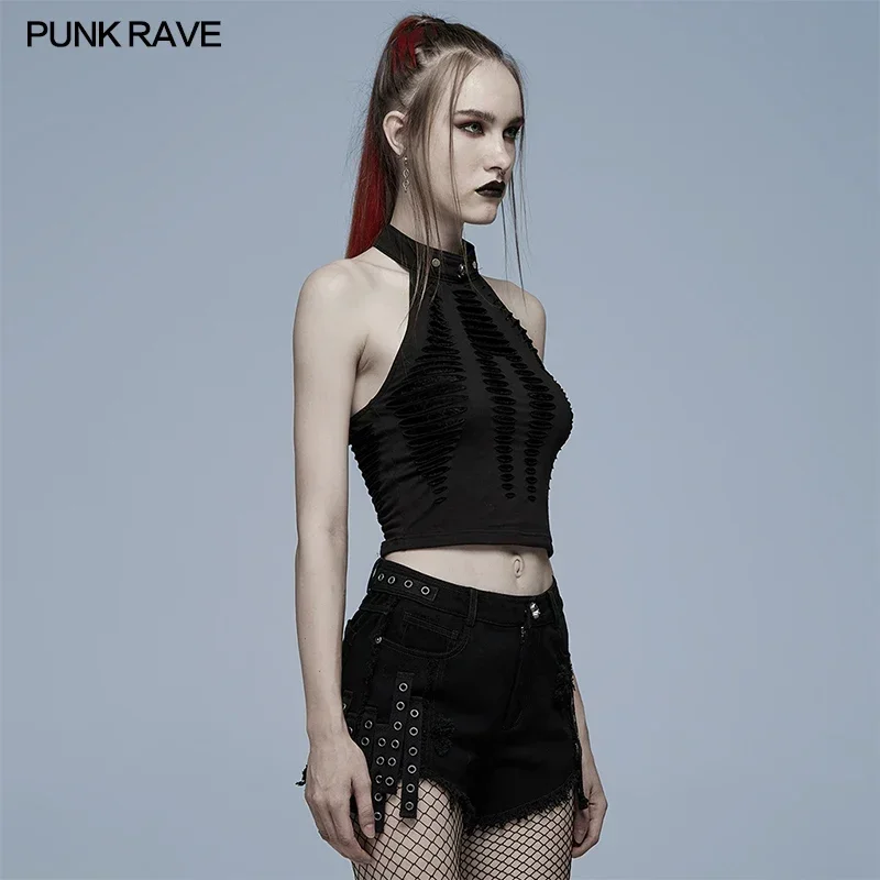 PUNK RAVE Gothic Daily Hollowed Out Spider Print Mesh Vest Back Adds Sexinity Tank Tops Summer Women Clothing