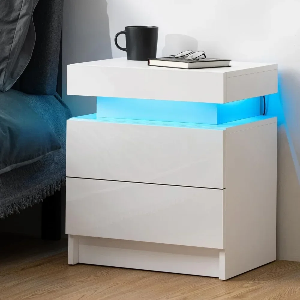 

with Led Lights Modern Night Stand with 2 High Gloss Drawers Led Bedside Table Smart Nightstand for Bedroom 20.5” Tall