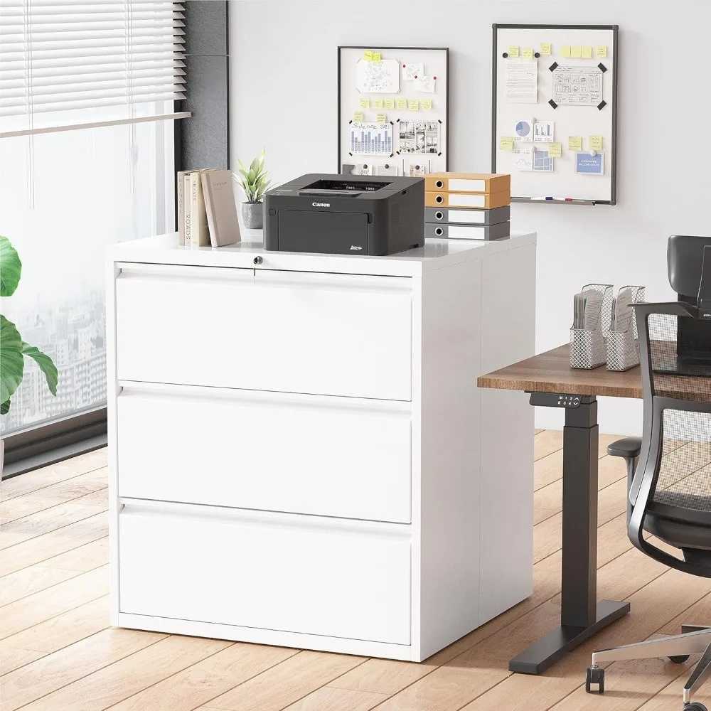 

Lateral File Cabinet 3 Drawer, White Filing Cabinet With Lock, Locking Metal Three Drawer For Home
