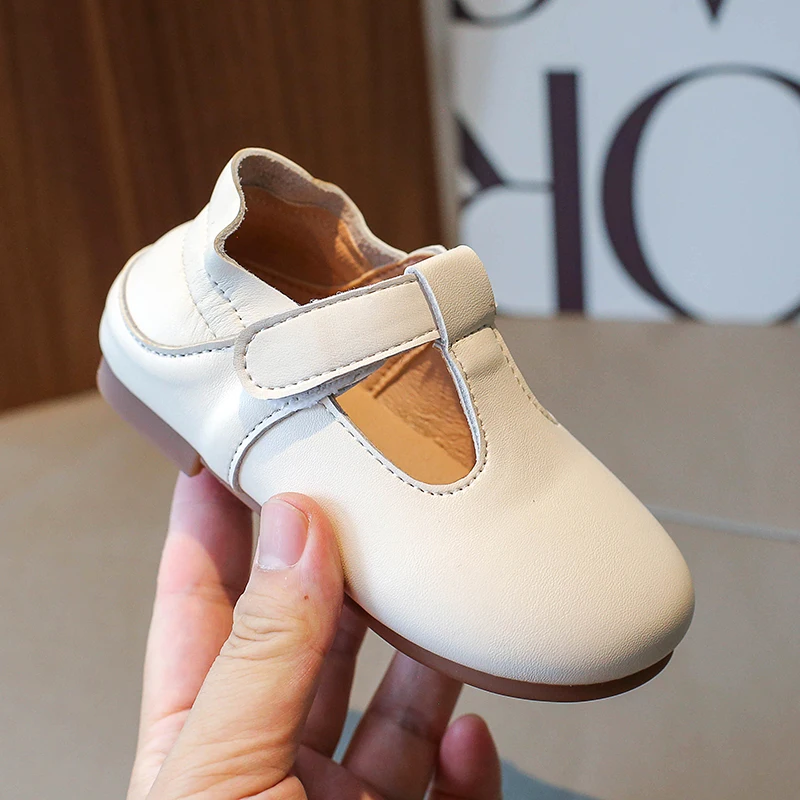 

Girl's Princess Shoes Beige T-strap Classic Kids Mary Janes Pu Leather Four Seasons Daily Toddler Children Flats Shoe 21-30