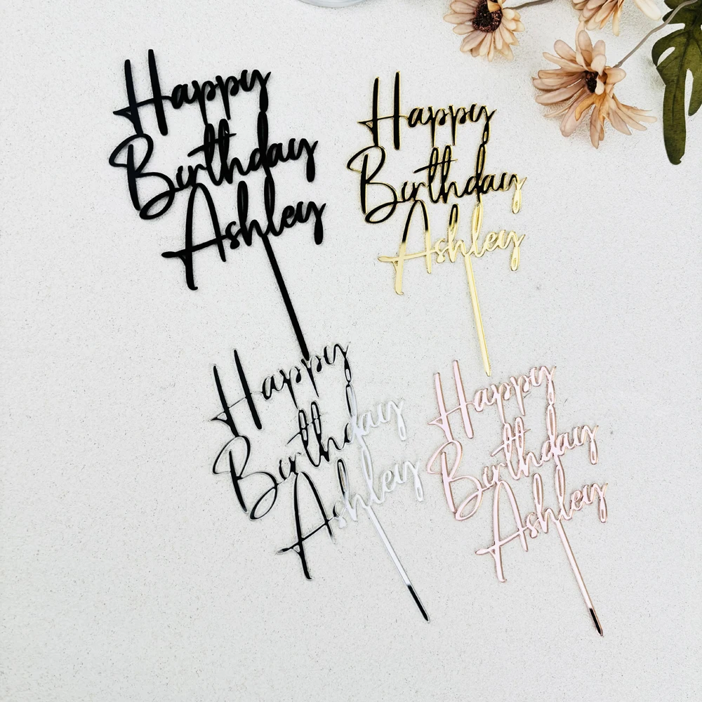 Personalisierter Happy Birthday Namens-Kuchenaufsatz, Goldener Kuchenaufsatz, Individuelle Geburtstags- und Babyparty-Dekorationen – Detail 1
