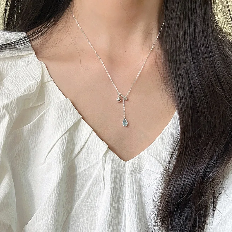 Exquisite Shiny 925 Sterling Silver Pull To Adjust Blue Crystal Water Drop Pendant Necklace for Women Korean Jewelry Accessories