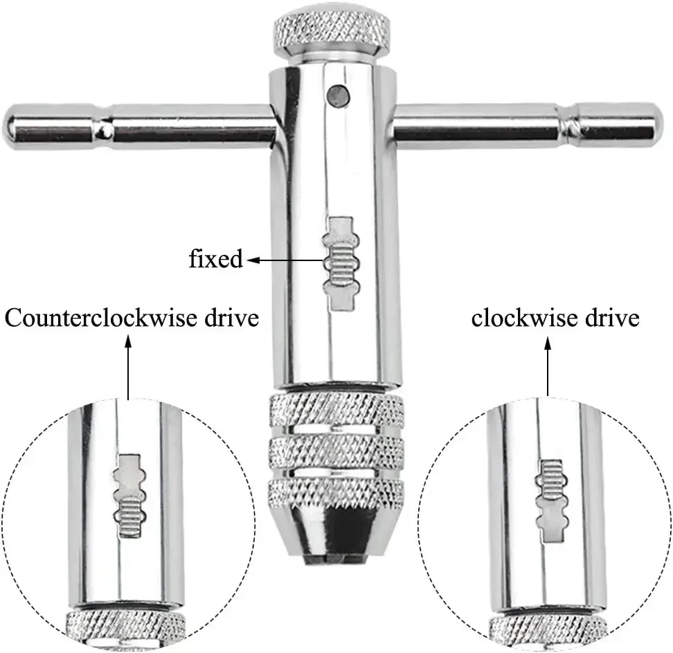 Adjustable Silver T-Handle Ratchet Tap Holder Wrench Set Hand Tools with 5pc M3-M8 Machine Screw Thread Metric Plug T-shaped Tap