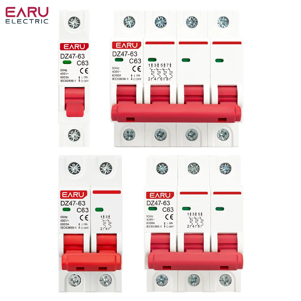 DZ47 1-4P 3A-63A 400V C Type Mini Circuit Breaker MCB Short Overload Circuit Protector 35mm Din Rail Mount Breaking Capacity 6KA