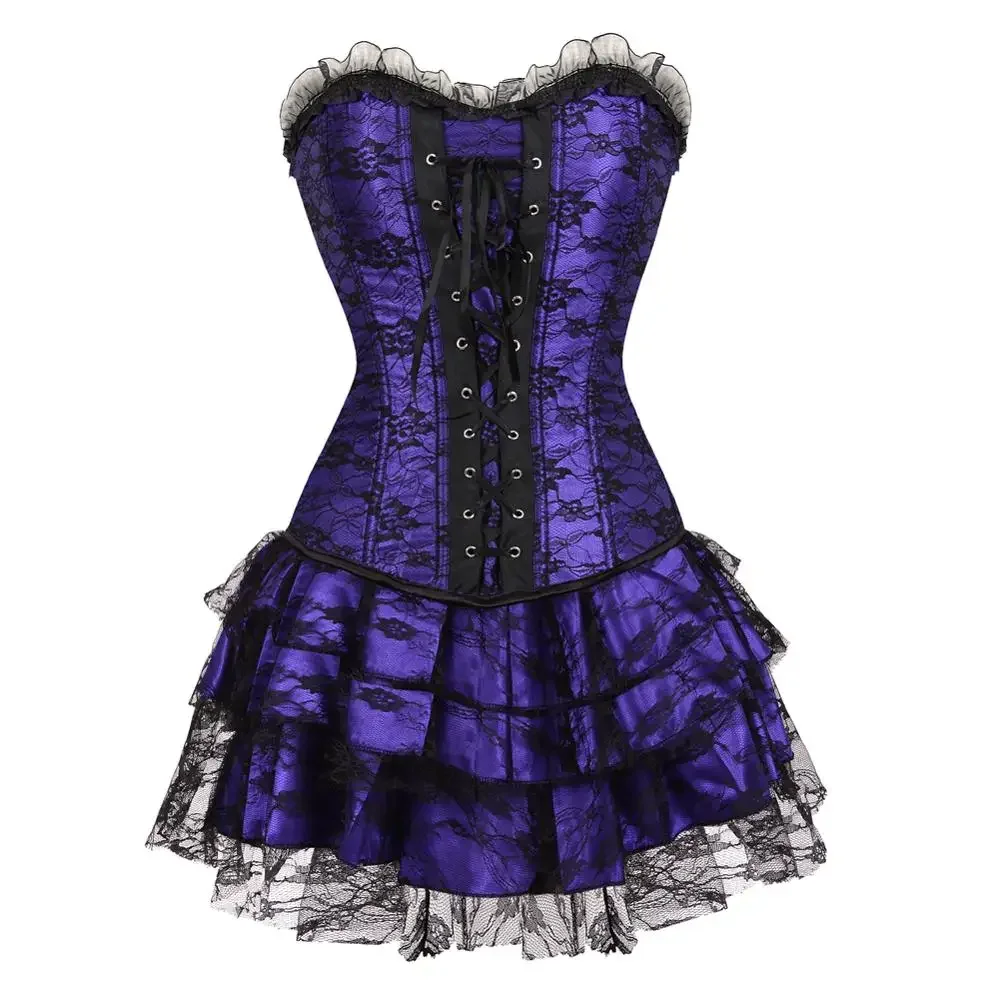 Burlesque Corset Skirt Masquerade Bustier with Layered Mini Skirts Set Gothic Women's Overbust Korsage Dress Party Costumes