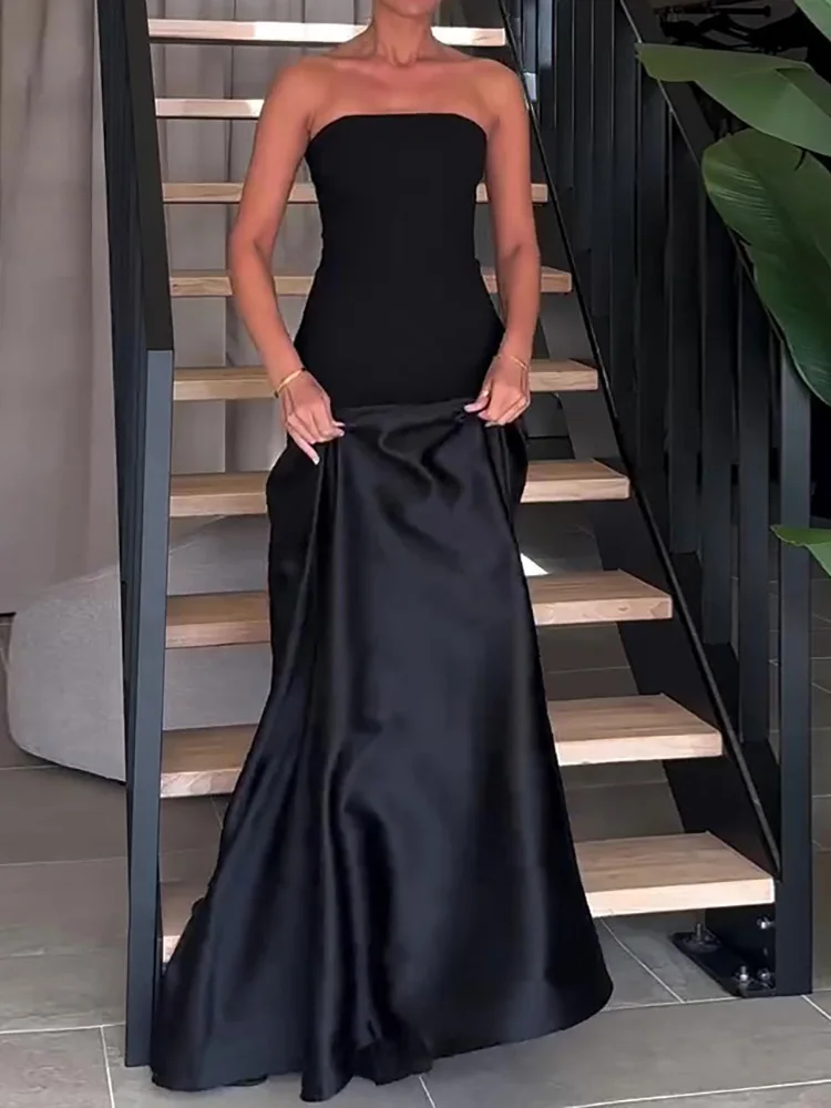 2025 loungewear sem alças retalhos vestido de festa, feminino verão sem mangas chique simples maxi vestido, sem costas elegante vestido das senhoras