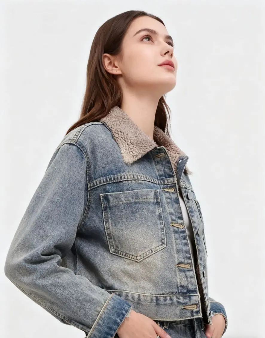 

Джинсовое пальто Buttions Мех Плюшевое женское осеннее облегающее пальто против морщин с круглым вырезом Молодежная академия Повседневные поездки Софтшелл на флисовой подкладке OL