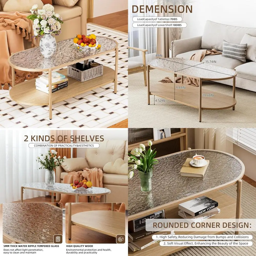 

Two-Tier Oval Coffee Table with Wave Pattern Tempered Glass Top for Living Room Center, Easy Assembly, 44 Wood Tea Table