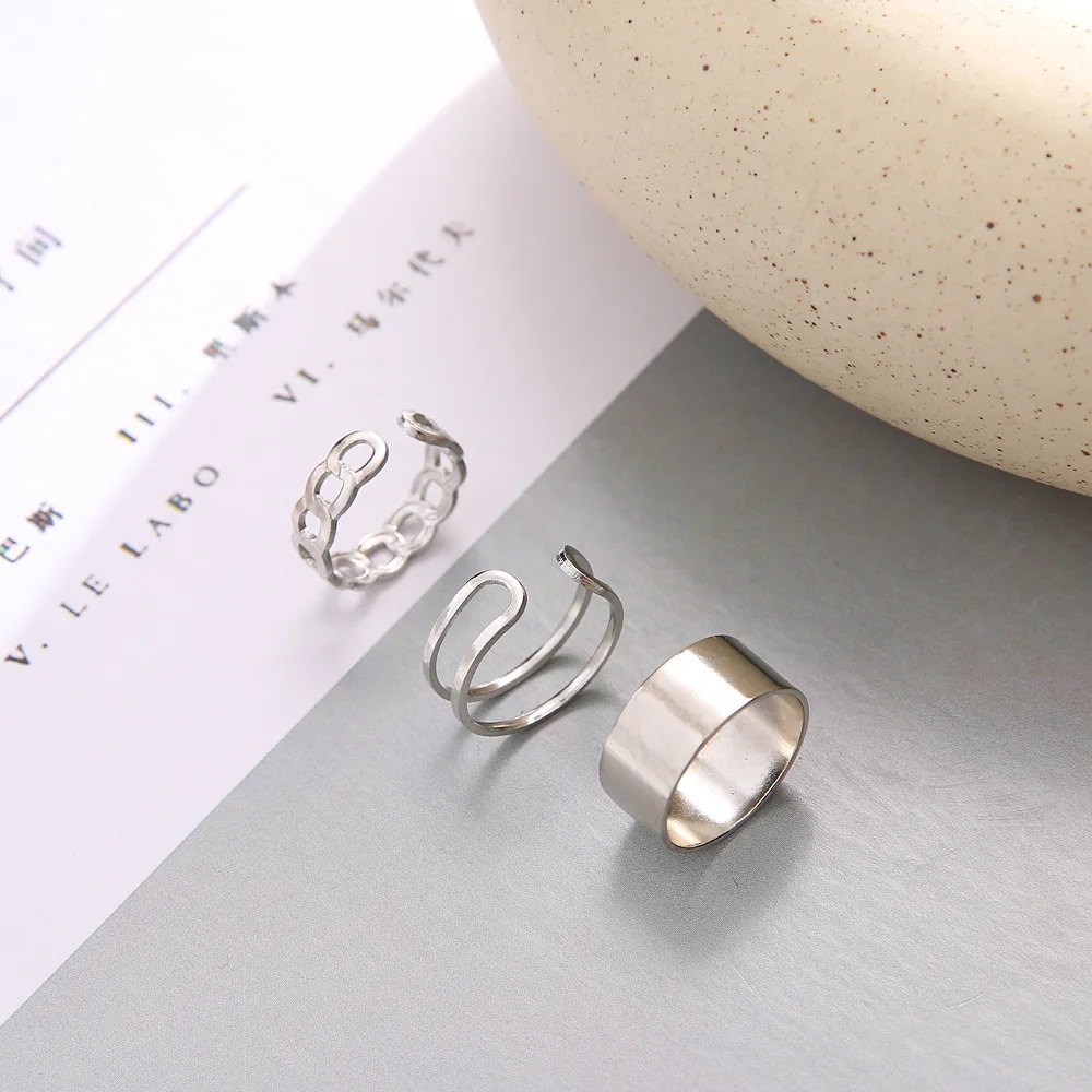 

Korean version Instagram influencer with the same ring set, cool and minimalist three piece set, open ring for women