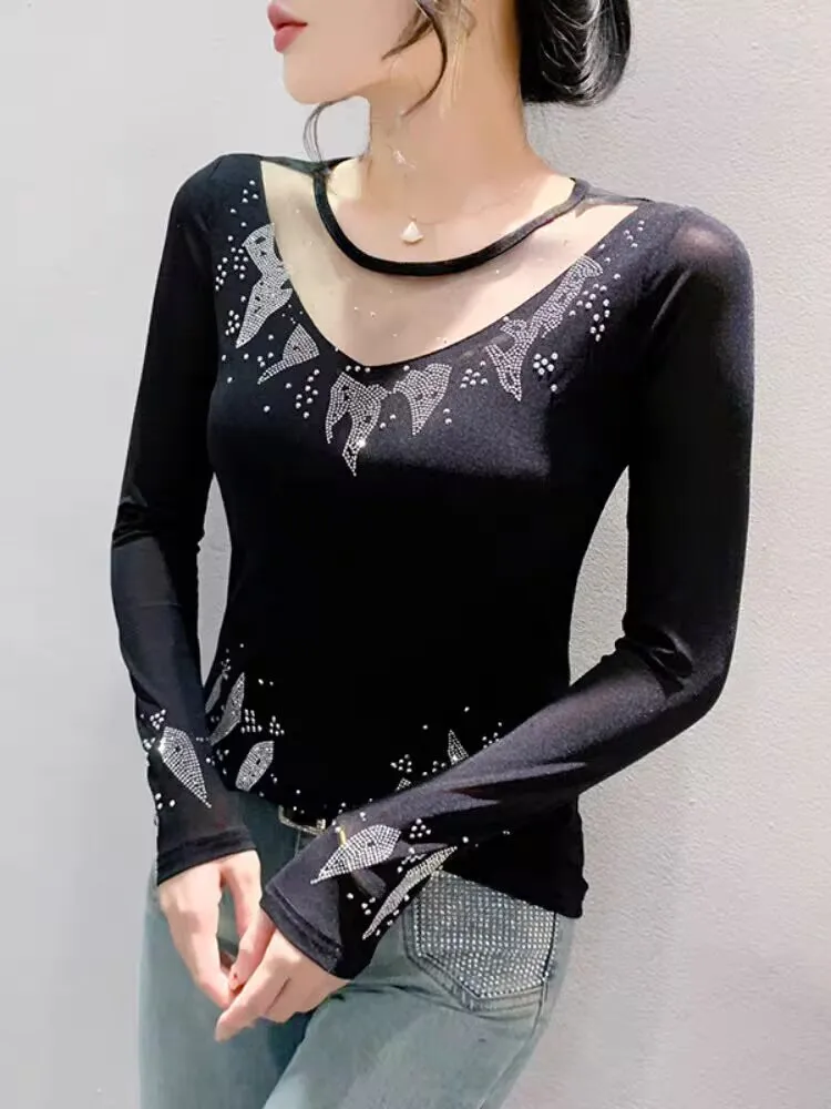 2024 New Arrival Elegant T-shirt Autumn Winter Woman M-3XL Long Sleeve V-neck High quality Velvet Charming Striped Hollow Out image 2