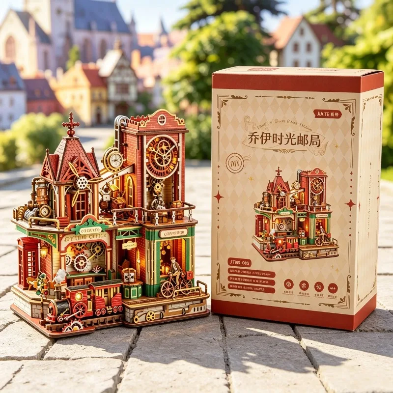 Joey's Time Post Office Cottage 3D Wooden Puzzle DIY Assembly Miniature Model Kit Home Decoration Birthday Gift For Adults Toys