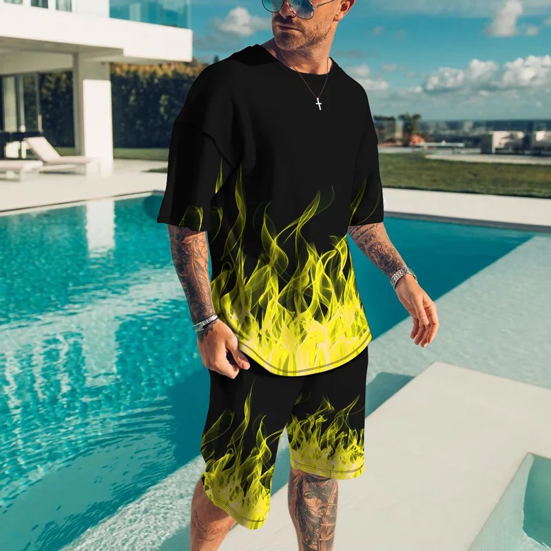 Flame 3D Print T-Shirts Shorts Sets Men's Casual Tracksuits Fashion Oversized Short Sleeve T Shirt Pants Set Man Suits Clothing