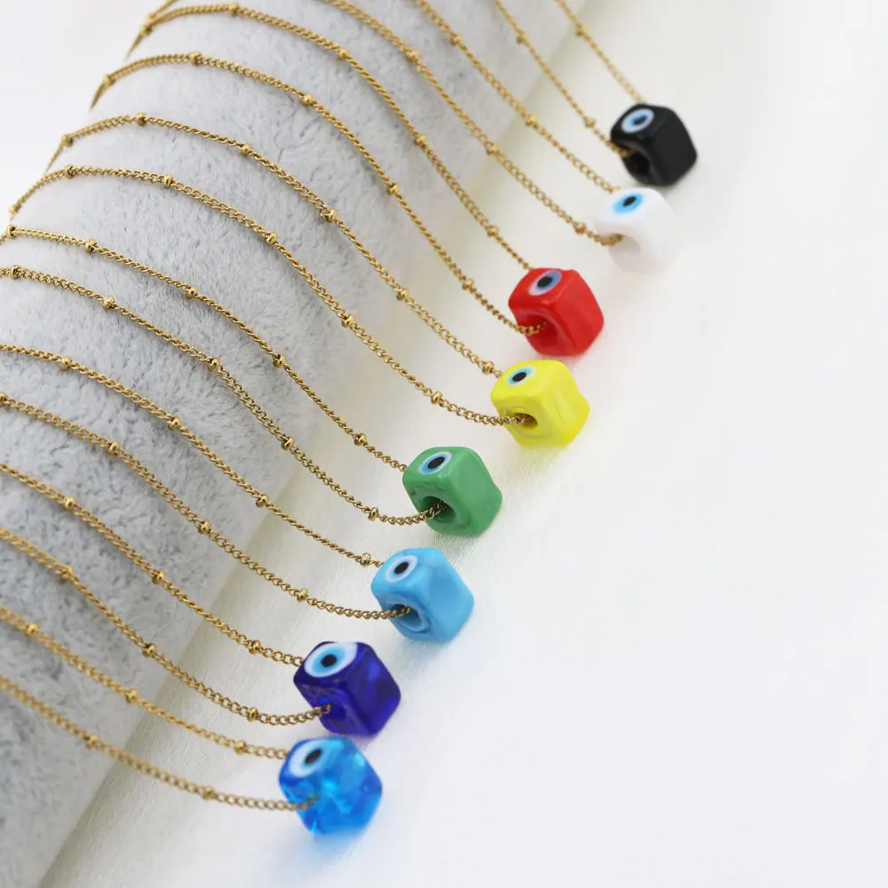 Hip Hop Rock 8-Color Drip Oil Cube Devil's Eye Pendant Necklace for Men Women Daily Wear Jewelry