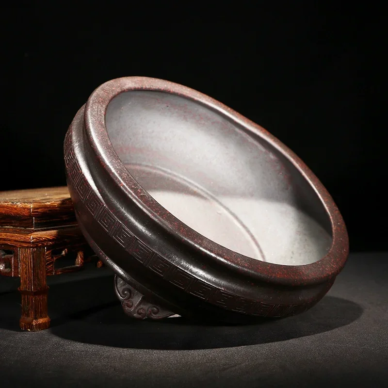 yesCeramic Circle Carved Bonsai Pot, Cloud-feet, Purple Sand, Nature Color, Chinese Dormitory, Garden, Home Table Decoration