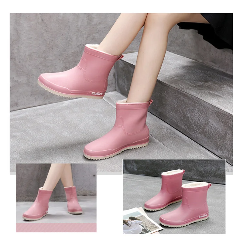 Spring Fashion Short Tube Rain Boots Non-Slip Wear-Resistant Women Middle Tube PVC Rain Boots Waterproof Shoes Work Rubber Shoes