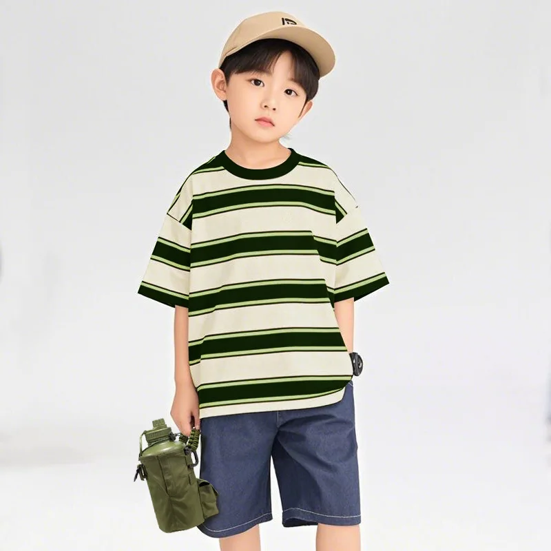 2025 Summer Style Children's Short Sleeved Retro Striped Short Sleeved Baby Stylish Half Sleeved T-shirt Trend