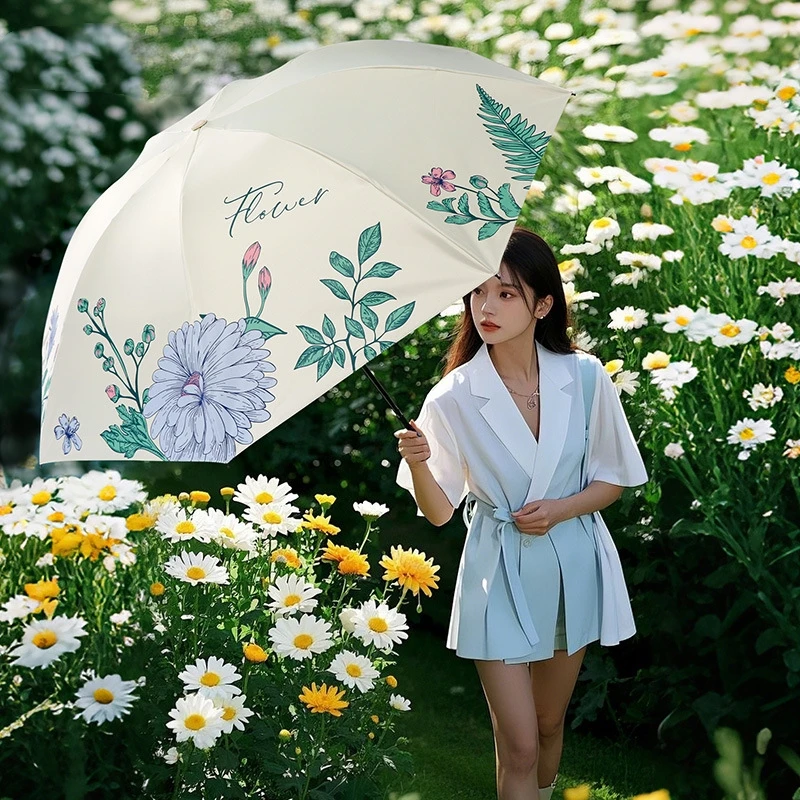 أنيقة زهرة مطبوعة مظلة واقية من الشمس المطر السفر مظلات قابلة للطي UPF50 + الفينيل UV حماية مظلة للنساء ظلة المظلة #2