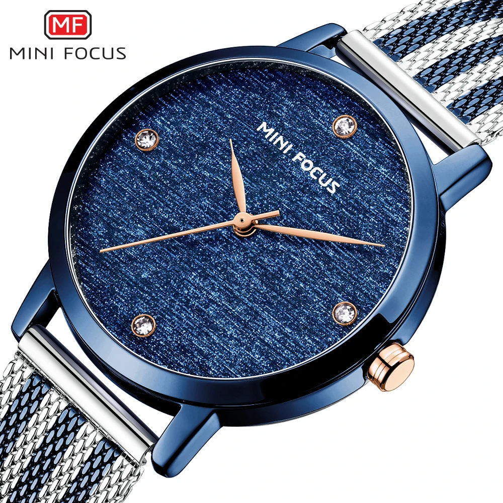 

MINI FOCUS Blue Timeless Watch for Women Classy Luxury Iced Out Minimalist Business Quartz Ladies Watches Mesh Stainless Steel