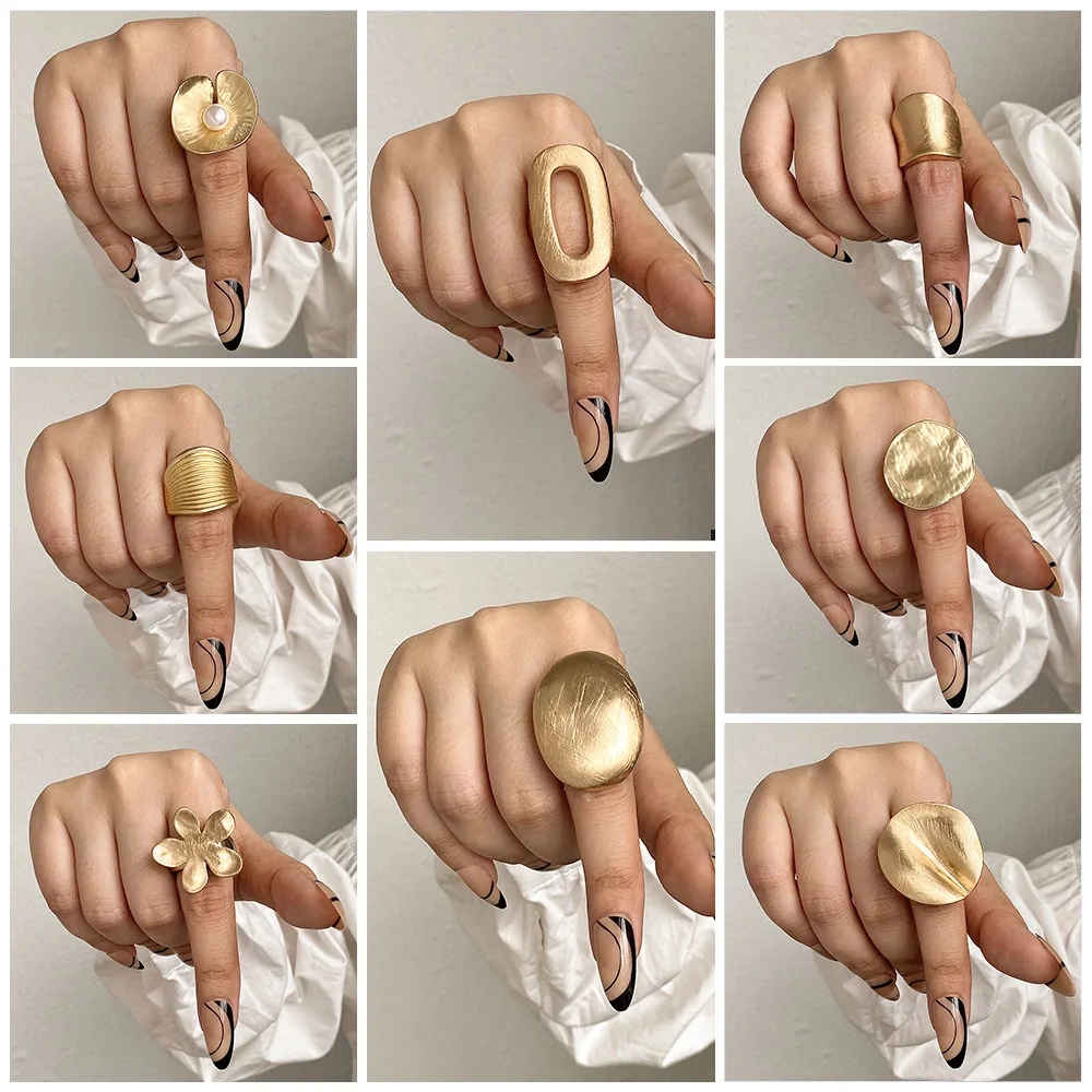 Chunky Sliver Gold Color Rings for Women Men Elastic Rope Connection Irregular Geometric Hollow Matte Fashion Trend Charm Jewelr