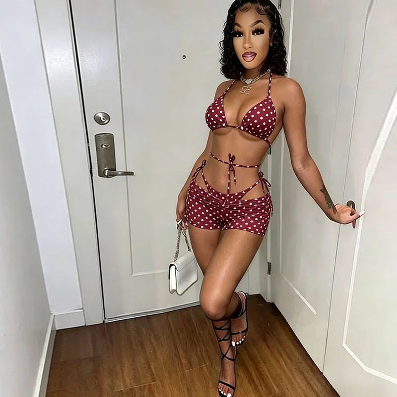 

Купальник Doyerl в горошек для женщин, комплект из 3 предметов: бикини, топ с завязками и шорты с трусиками, микро-бикини для пляжного отдыха