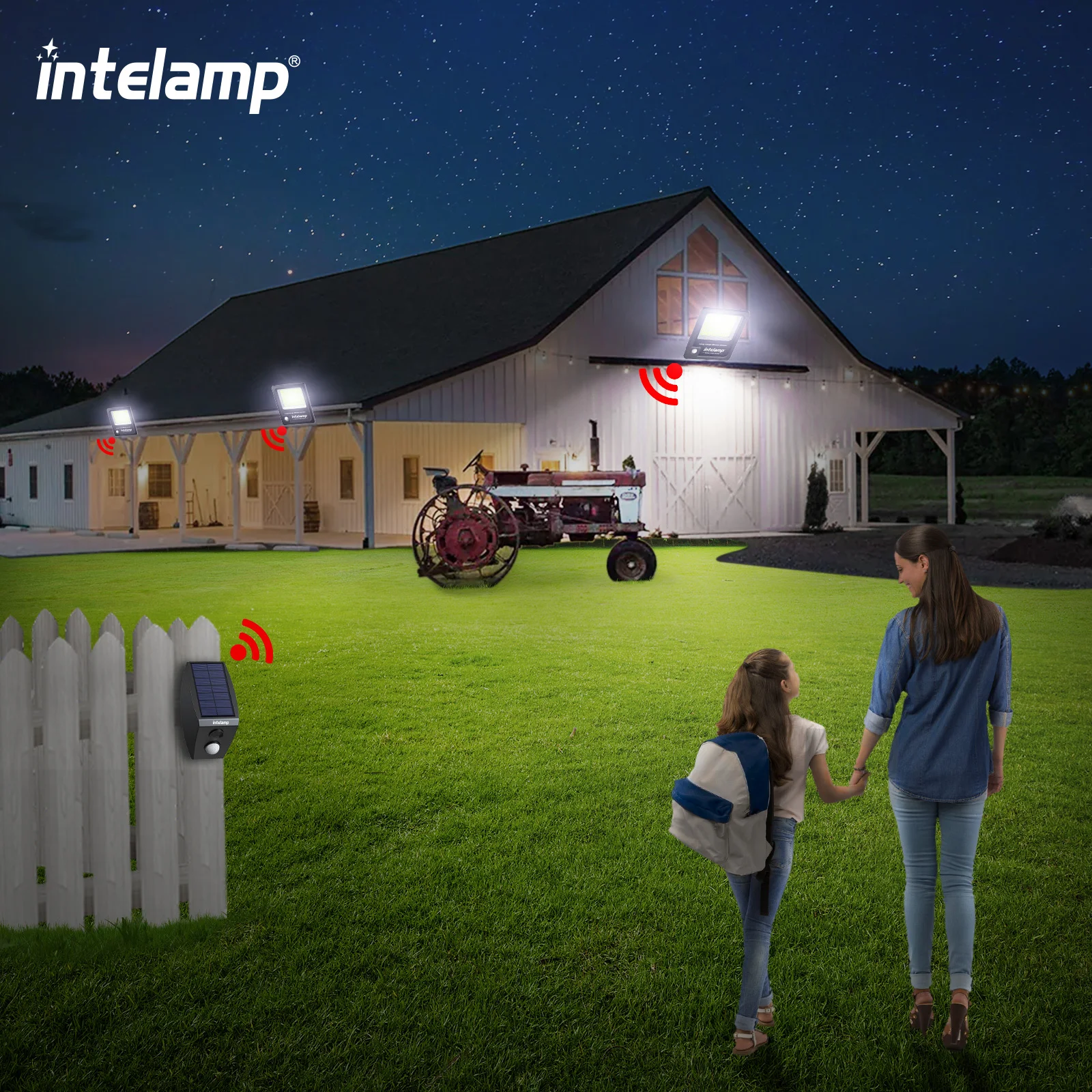 intelamp 12000mAh Solar Security Lights Outdoor Two Motion Sensors Flood Light With Super Large Solar Panel 5M Cable For Garden