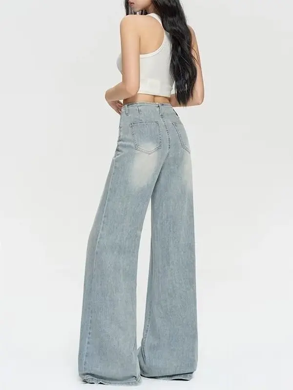 Light Wash High Waist Bell Bottom Denim Jeans Women's Autumn New American Style Pocket Design Hip Concealing Wide Leg Pants