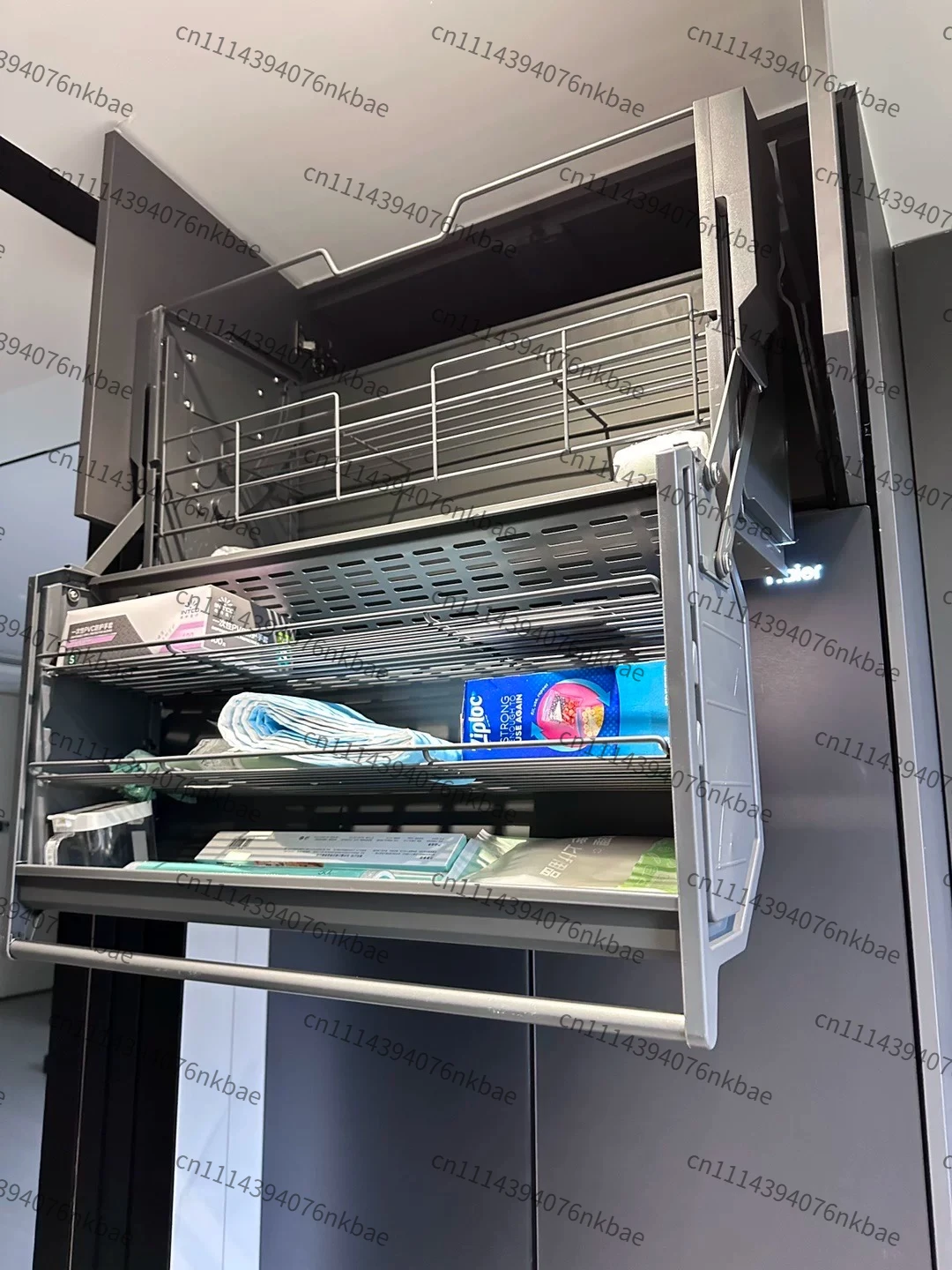 Double Body Pull-Down Lifting Storage Basket, Kitchen Cabinet Elevator Rack for Overhead and Refrigerator Top Cabinets