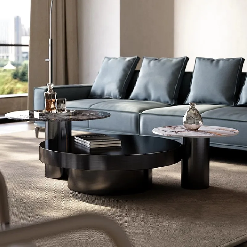 Combinazione di tavolini da caffè in lastra di roccia, soggiorno di lusso leggero, alto senso, minimalista, rotondo, di design, club, caffè alto e basso