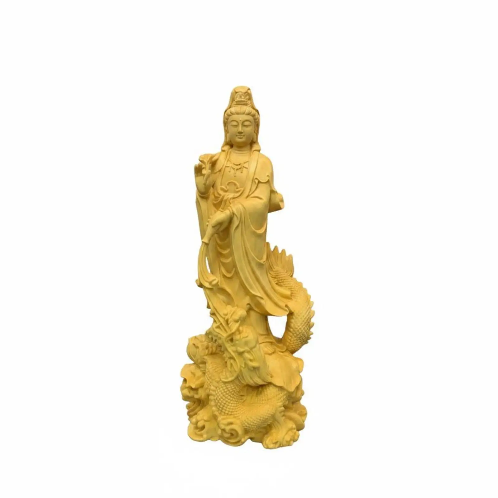 Wood Carved Guanyin Statue Feng Shui Dragon Guanyin Sculpture Positive Energy
