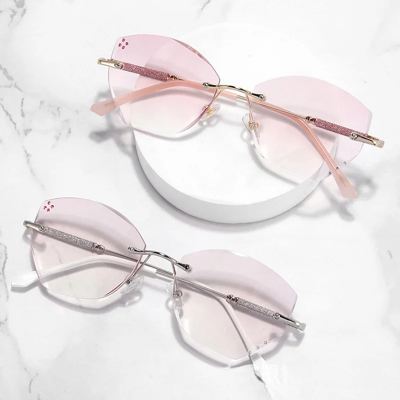 Cut Border Blue Light Reading Glasses Pink Presbyopia Glasses Frameless Women Ultra Light Gradient Purple Diamond Lenses