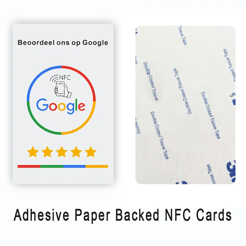 Hochwertige NFC-Karte für Google-Bewertungen in deutscher, niederländischer, französischer, spanischer, englischer und polnischer Sprache.