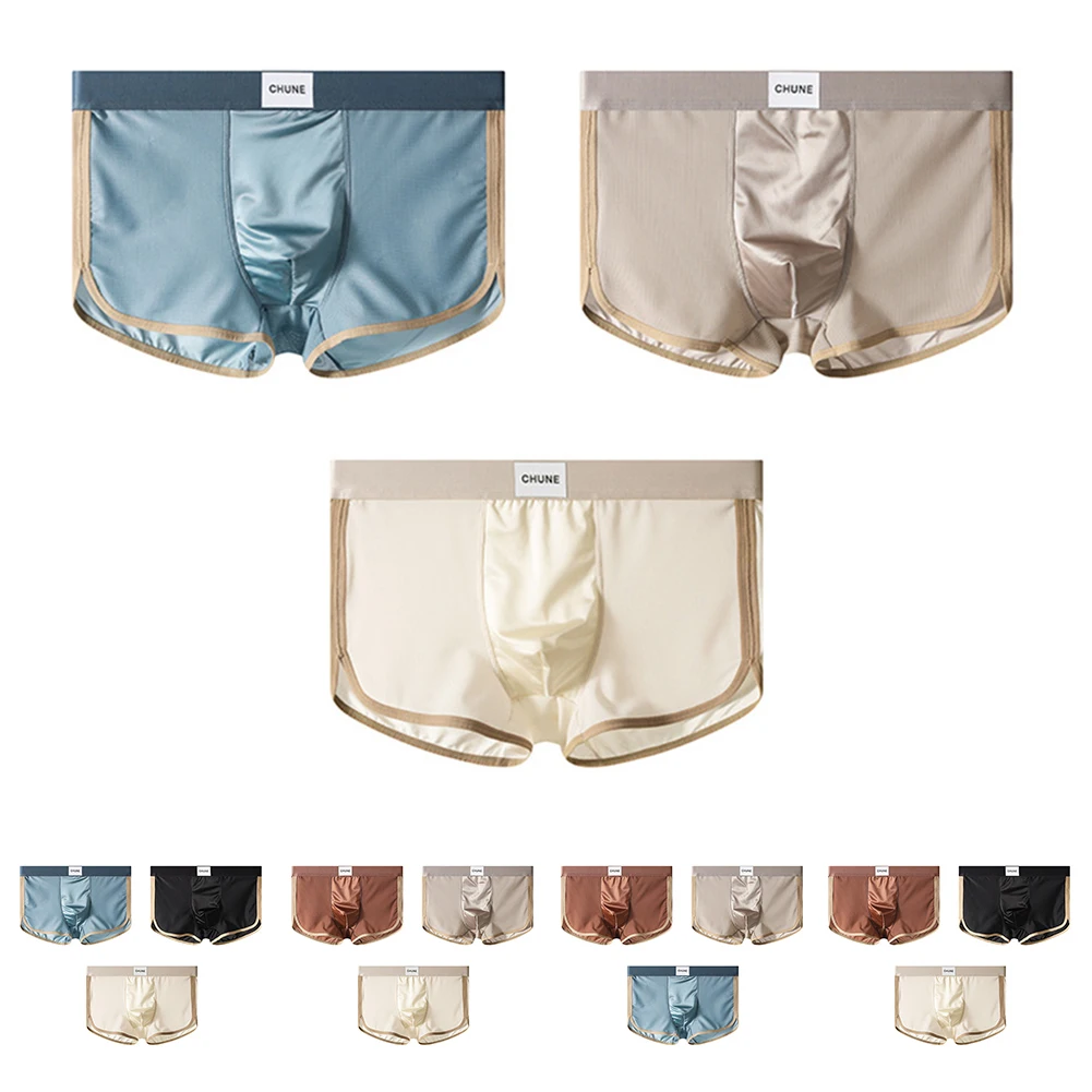

3Pcs Men Ice Silk Boxers Satin-like Summer Smooth Men's Boxershort Panties Solid Underpants Breathable Male Underwear