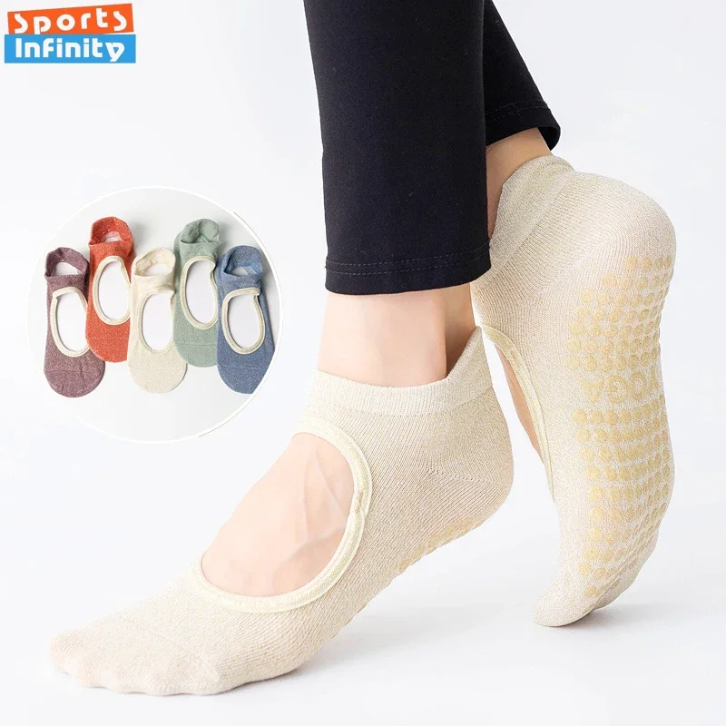 Golden Thread Round Toe Backless Yoga Socks Women Indoor Dance Fitness Sports Socks Professional Pilates Socks for Women