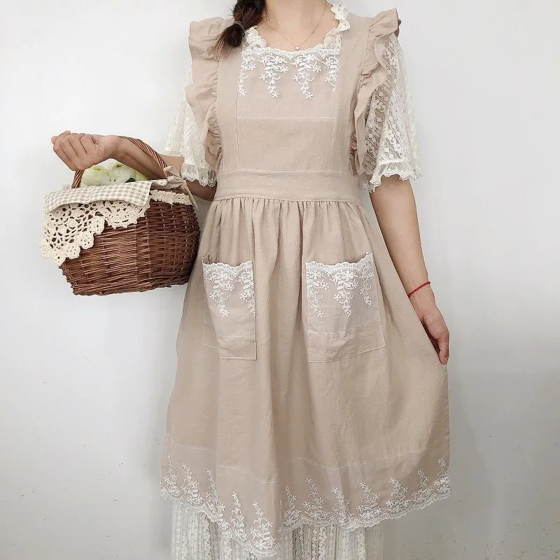 Vintage Aprons For Women With Pockets Kitchen Waitressing Cotton Linen Dress Apron Cute Ruffles Lace Bib