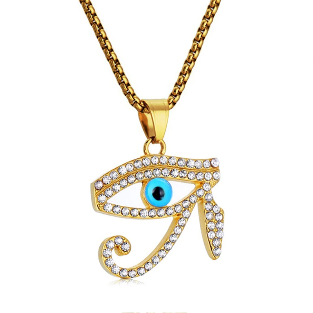 Ancient Egypt Iced Out Eye of Horus Pendant Gold Silver Color Stainless Steel Zirconia Necklace for Man Woman Egyptian Jewelry