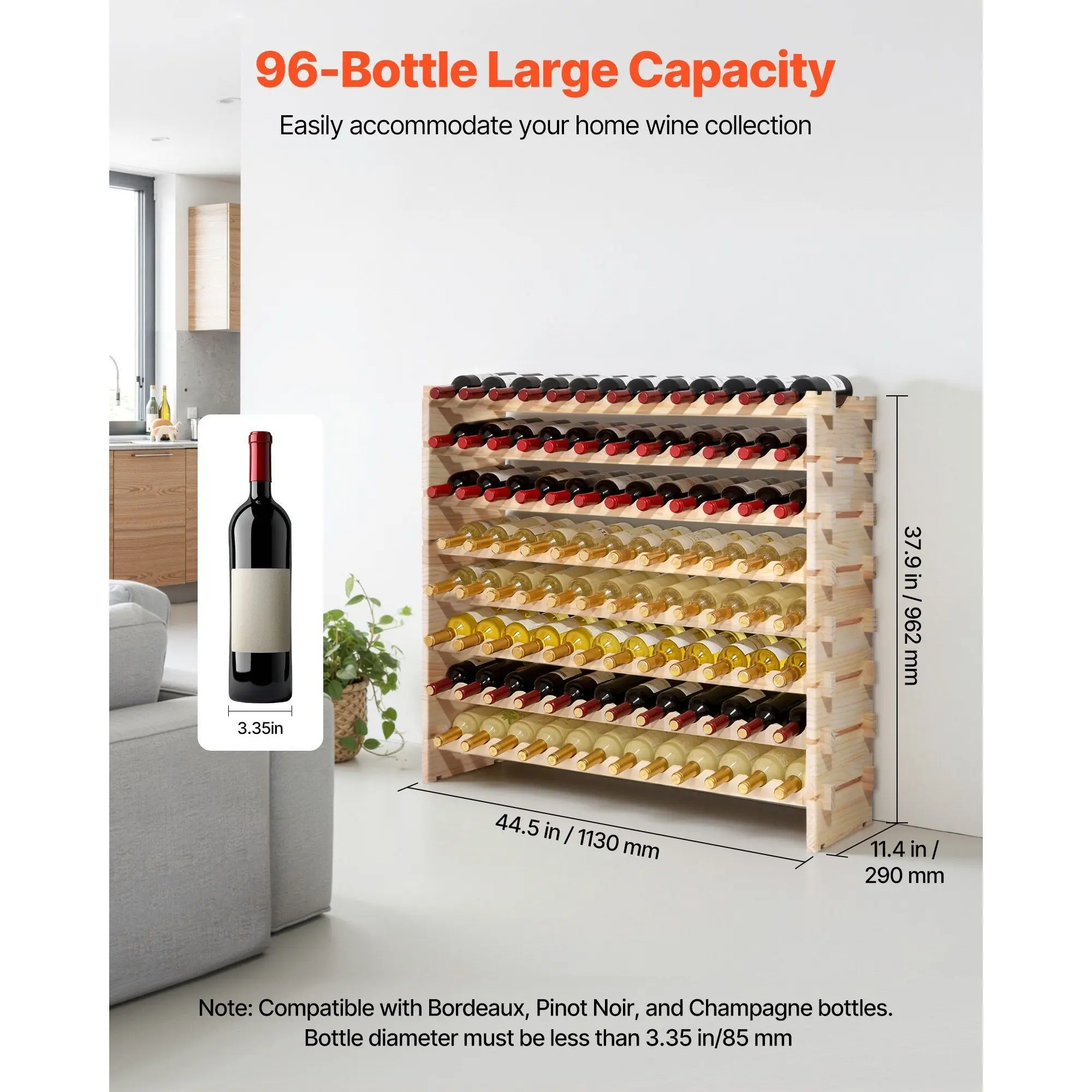 8-Tier 96-Bottle Capacity Solid Wood Floor Freestanding Wine Rack a Modular Stackable Pinot Noir Storage Solution