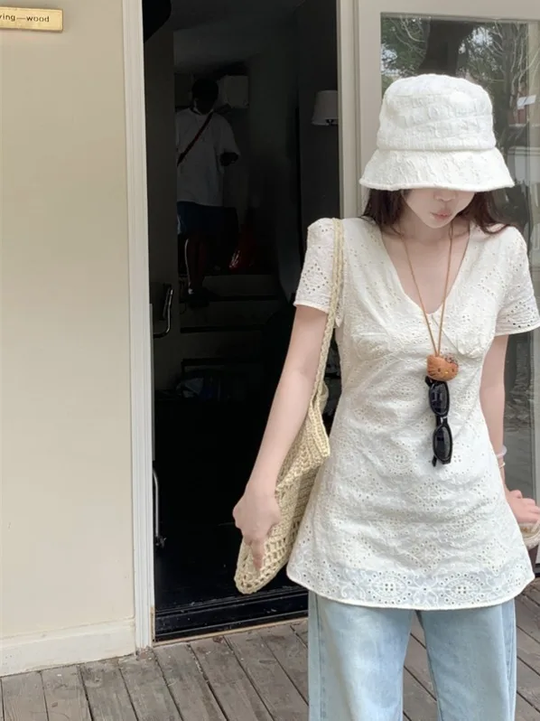 Embroidered Hollow out V-Neck Short Sleeve Shirt Women's Slim Fit Style Spring Summer Cotton T-Shirt Back Tie Design Top