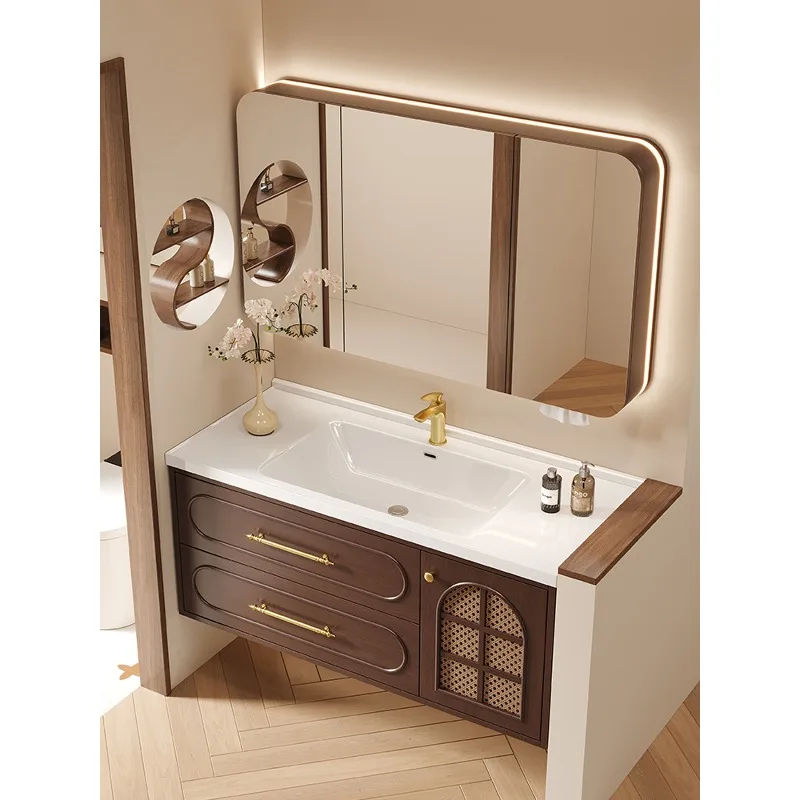 

Bathroom cabinet ceramic integrated basin Walnut rattan cabinet door washbasin sink