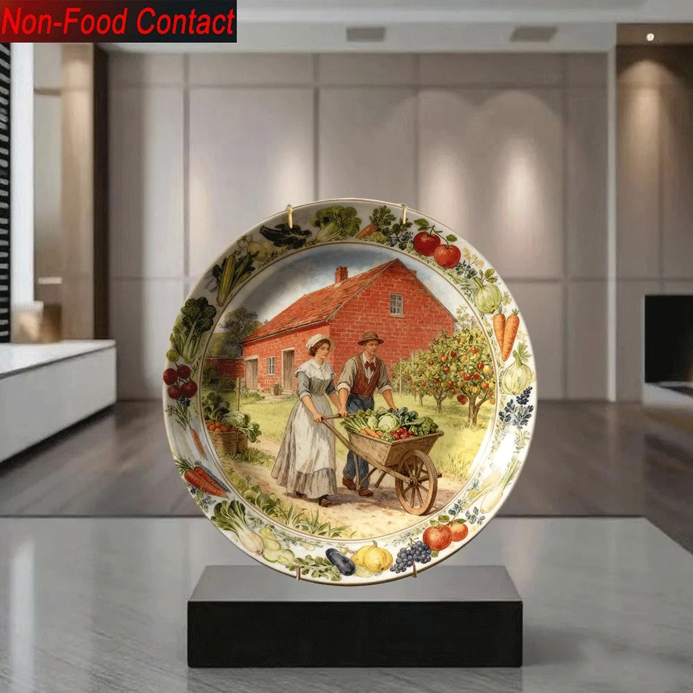 2D Flat, 1pc Vintage Farmhouse Ceramic Decorative Plate - Non-Food Contact Tabletop Art with Red Barn, Vegetables & Farmers -