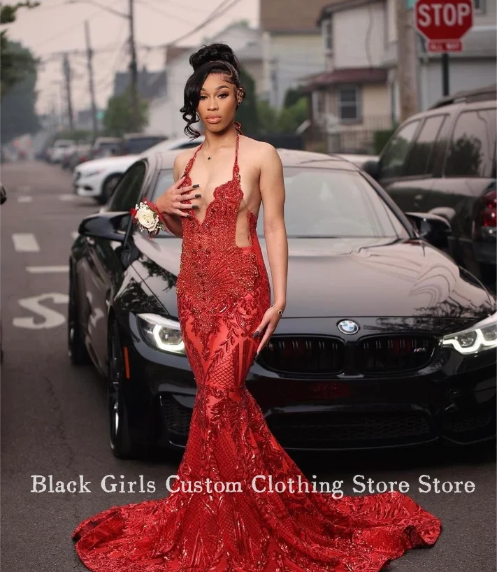 فستان حورية البحر مثير برقبة على شكل حرف v للحفلات الراقصة أشرطة سباغيتي حمراء متألقة ديامانتي مزين بالخرز أسود للفتيات لأعياد الميلاد مخصصة فساتين سه #2