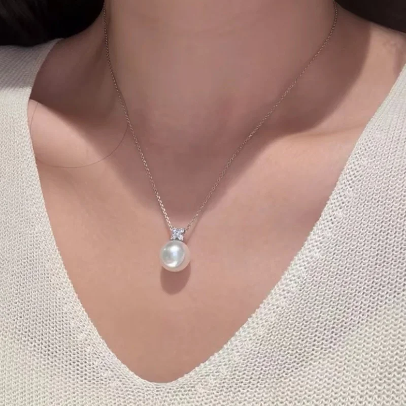 Cool White Light 12-13mm Round Natural Pearl Pendant Necklace Women